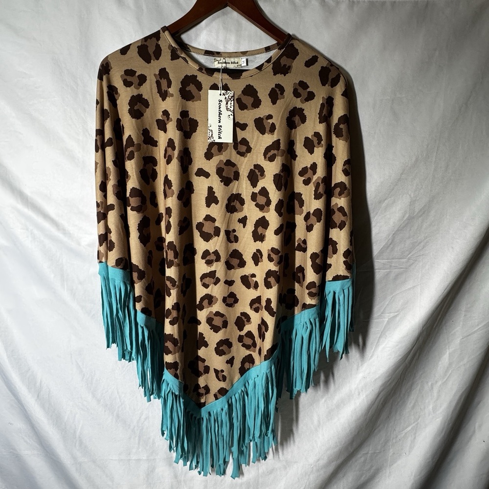Southern Stitch Women's Leopard Print Woven Poncho Cape O/S Turquoise Fringe